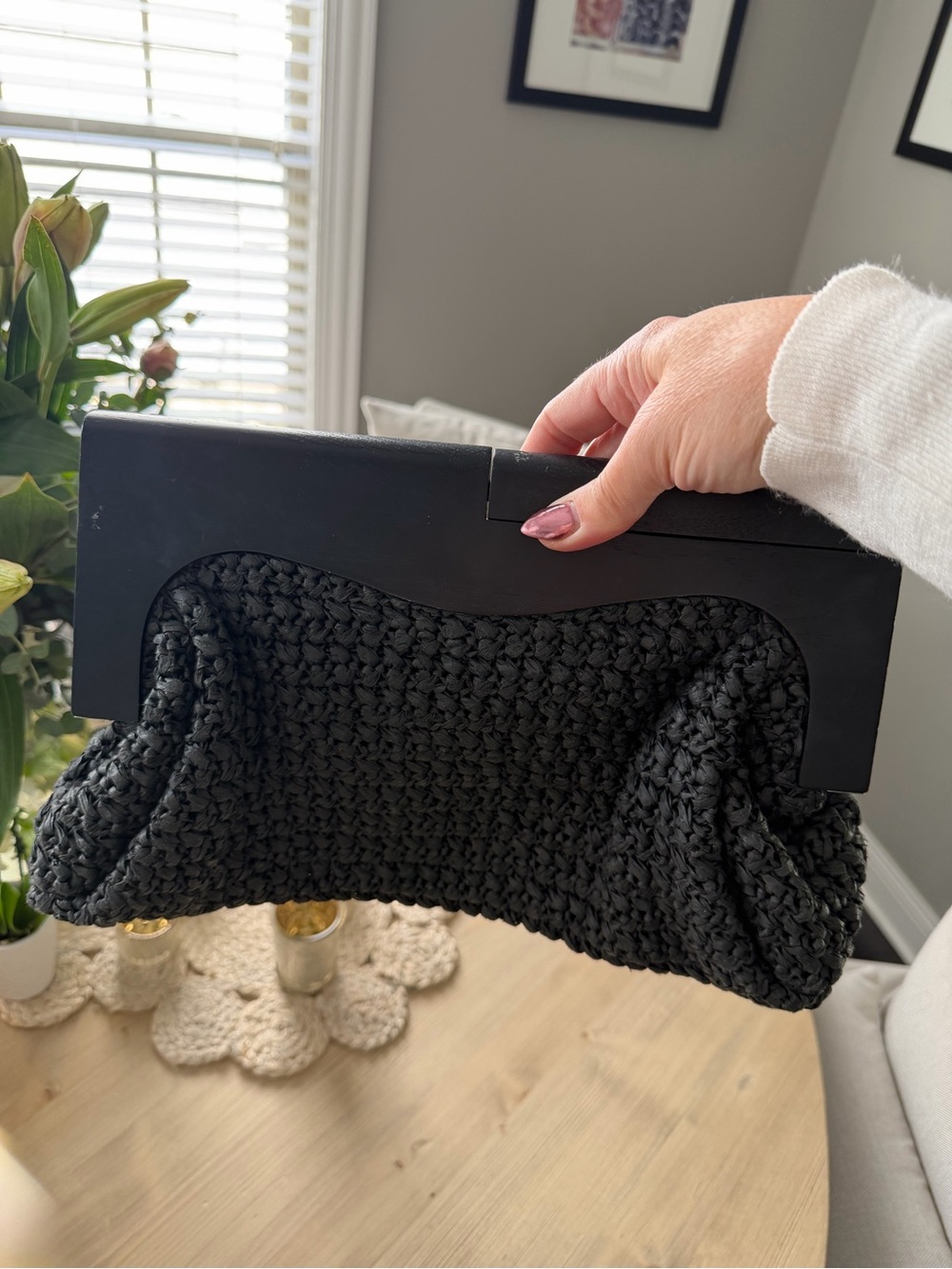Banana Republic Black Raffia with Wooden Frame/Handle Clutch